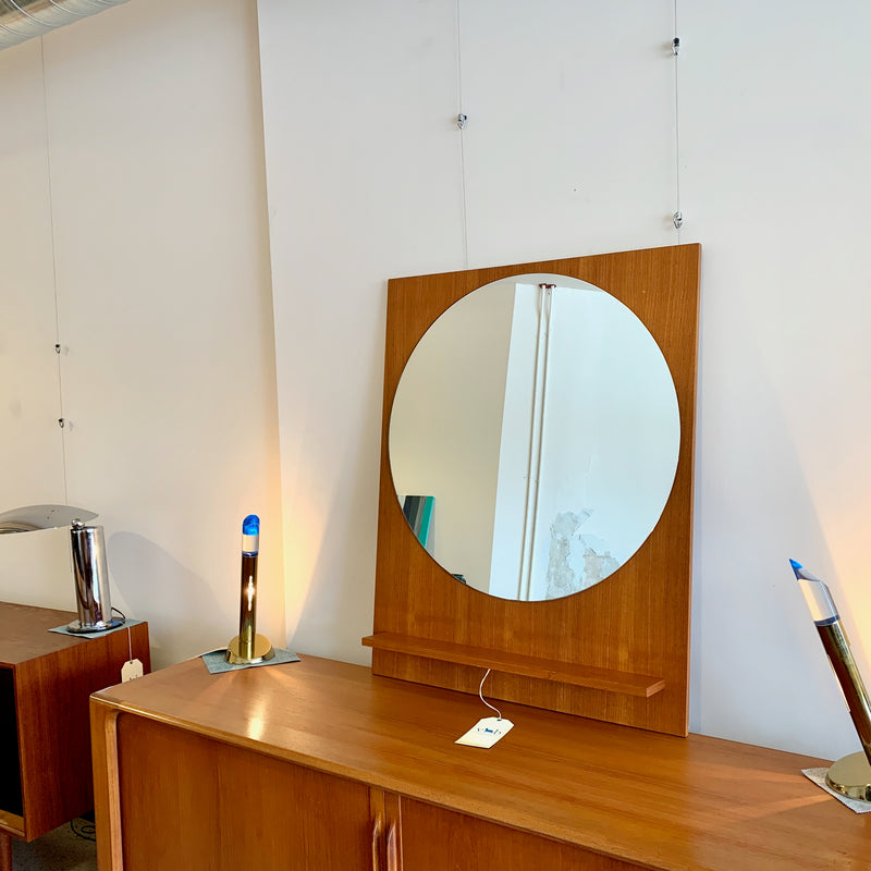 Large Mid-Century Teak Round Mirror With Shelf