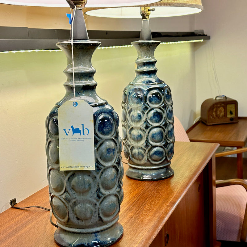 Large Navy Blue Mid-Century Glazed Ceramic Lamps