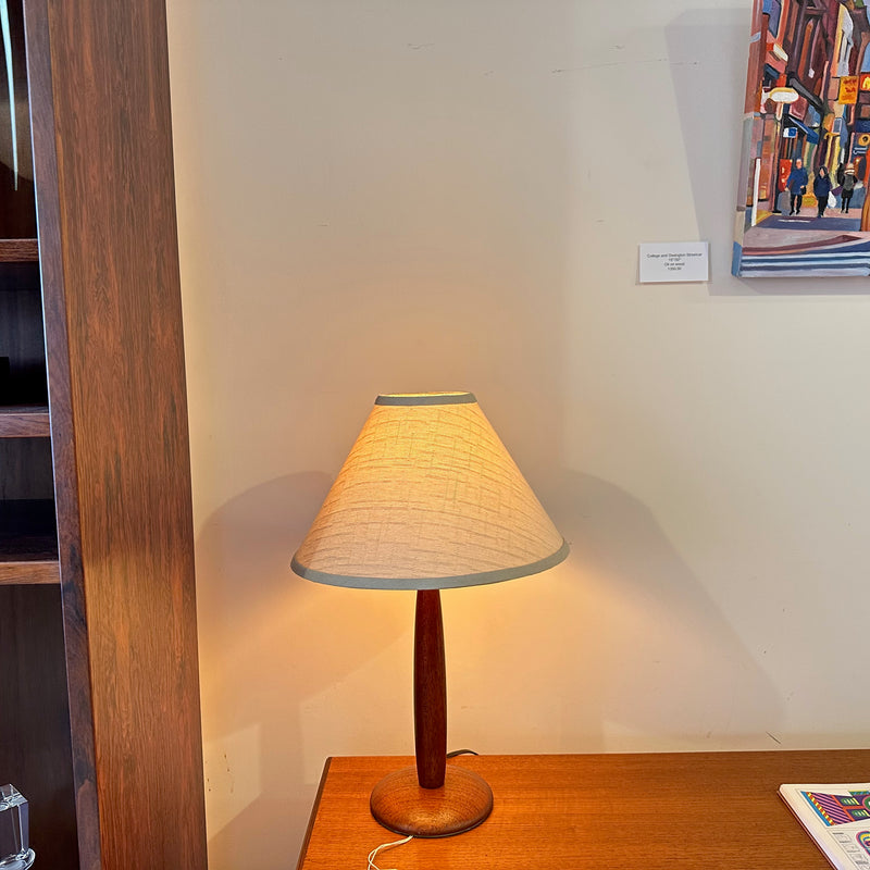 Mid-Century Solid Teak Bowling Pin Lamps With Original Shades