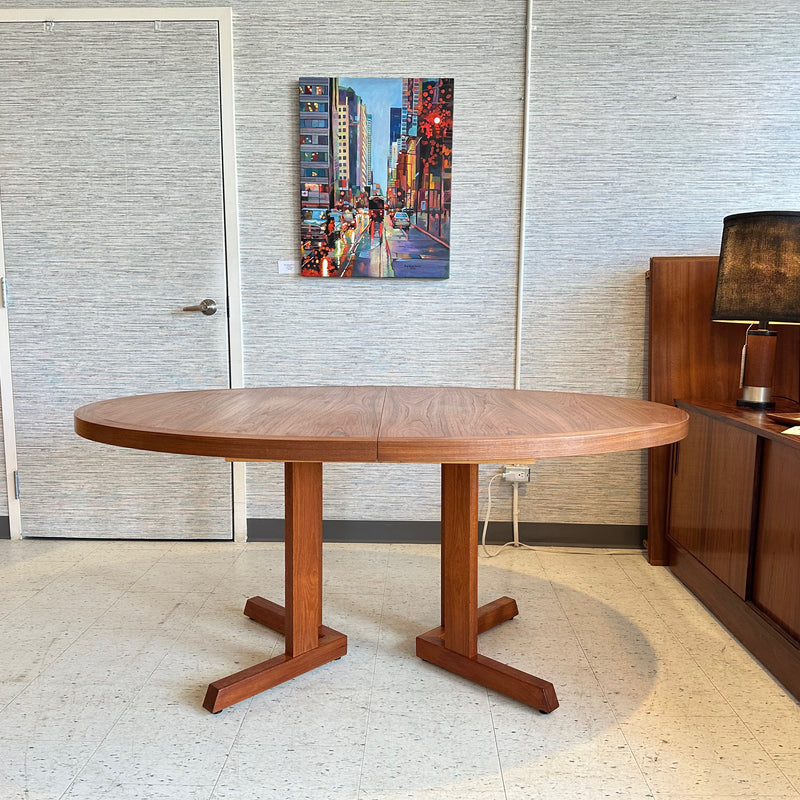 Mid-Century Teak Extending Oval Dining Table On Pedestal Base
