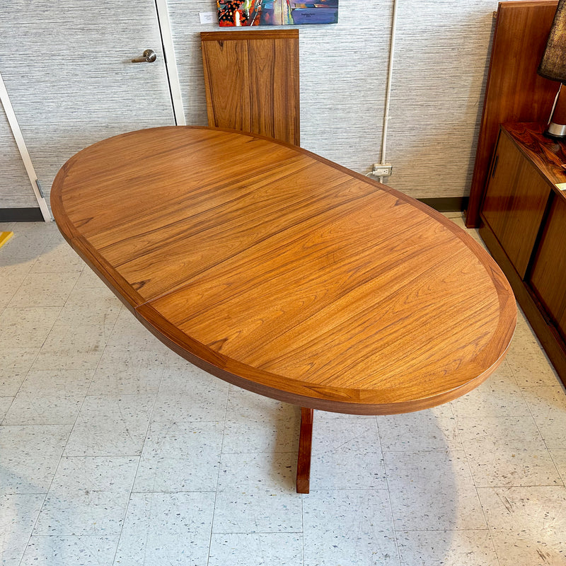 Mid-Century Teak Extending Oval Dining Table On Pedestal Base
