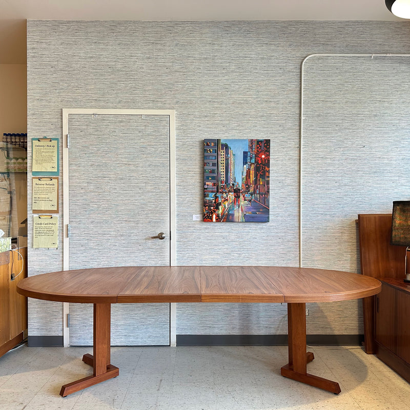 Mid-Century Teak Extending Oval Dining Table On Pedestal Base